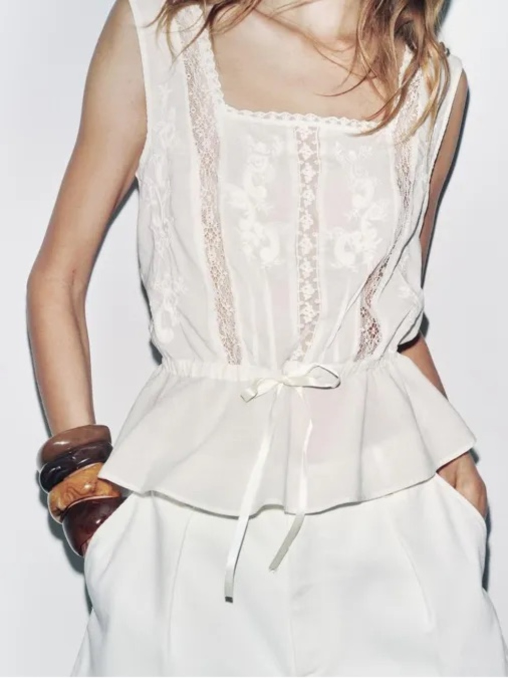 ZARA Cotton Top w Lace & Embroidery Detail